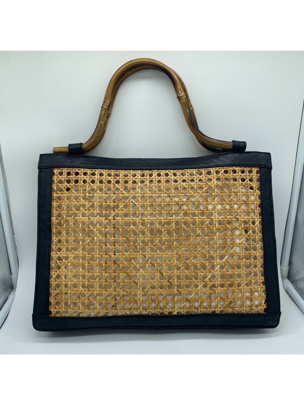 Sarah Stewart Black Brown Reece Woven Handbag Retro Leather Bamboo Resort